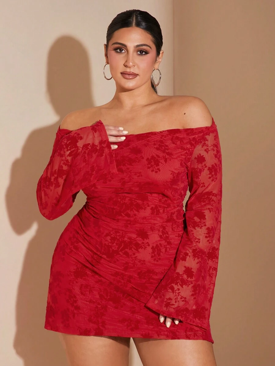SHEIN BAE Plus Size Women's Black Off-Shoulder Jacquard Mesh Elegant Romantic Sweet Sexy A-Line Long Sleeve Ruched Dress, Autumn/Winter