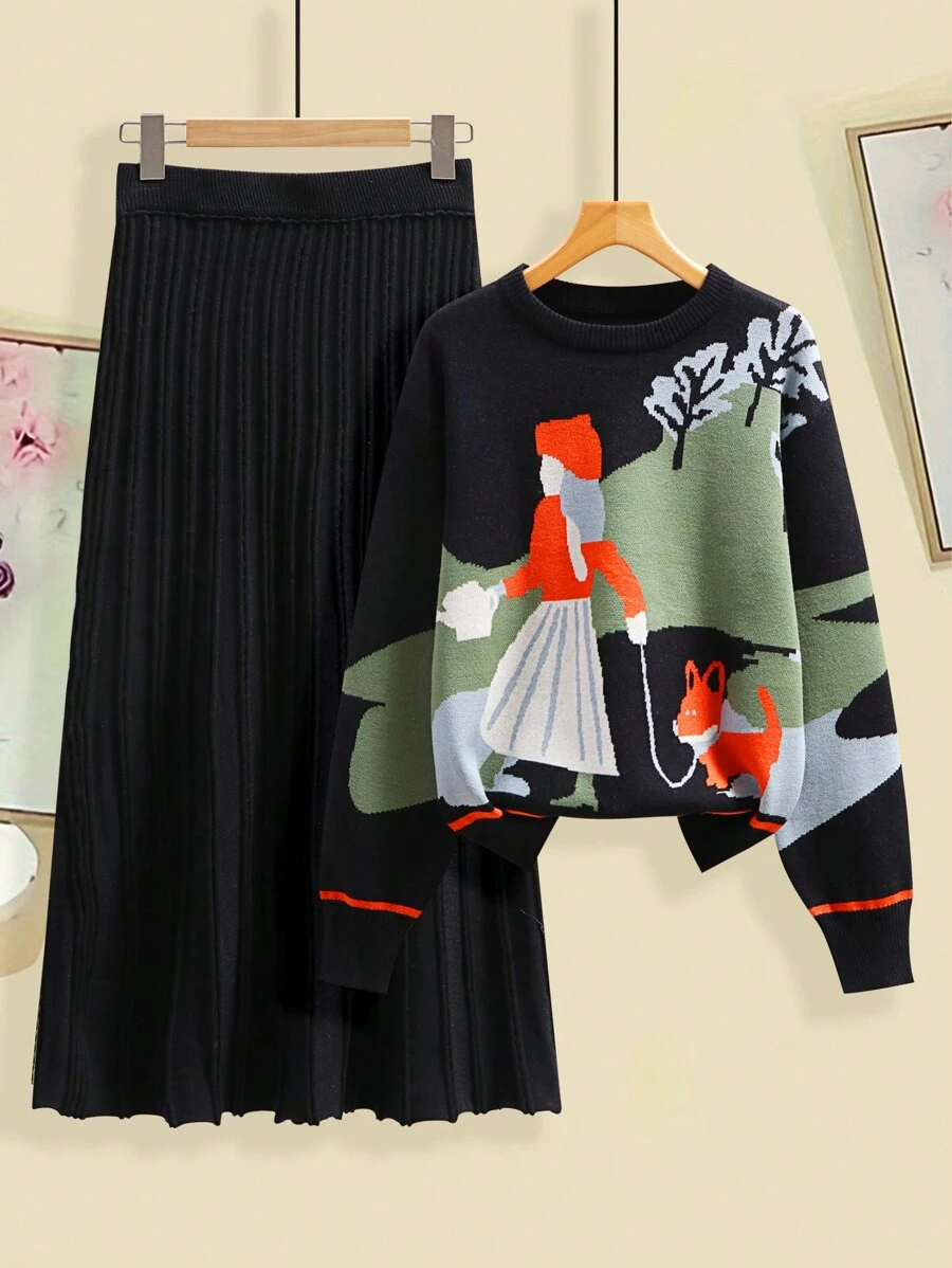 Franclia 2pcs/Set Women Contrast Color Loose Elegant Suit, Autumn Knit Sweater Top And Skirt Sets