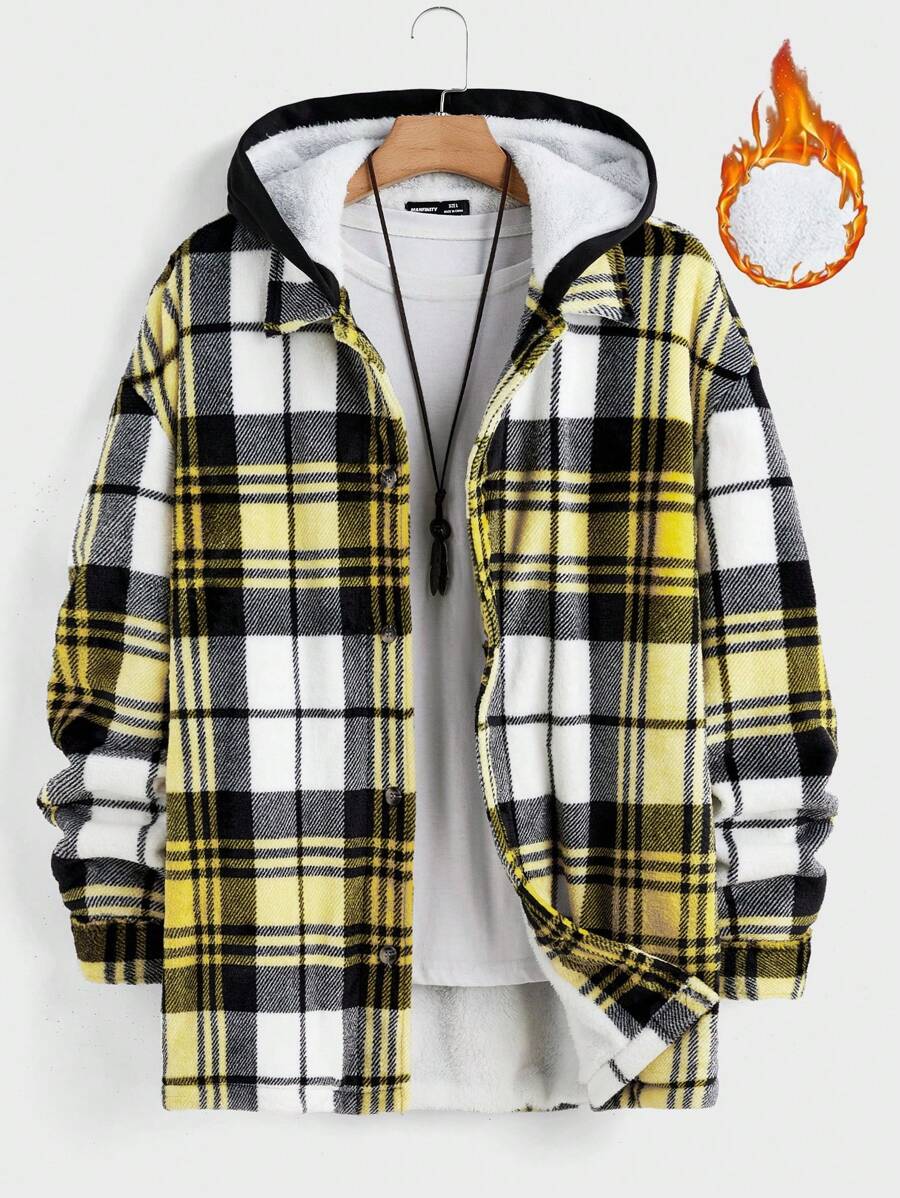Manfinity VCAY Men's Woven Casual Fashionable Young Plaid Patchwork Loose Long Sleeve Hooded Zip-Up Jacket
