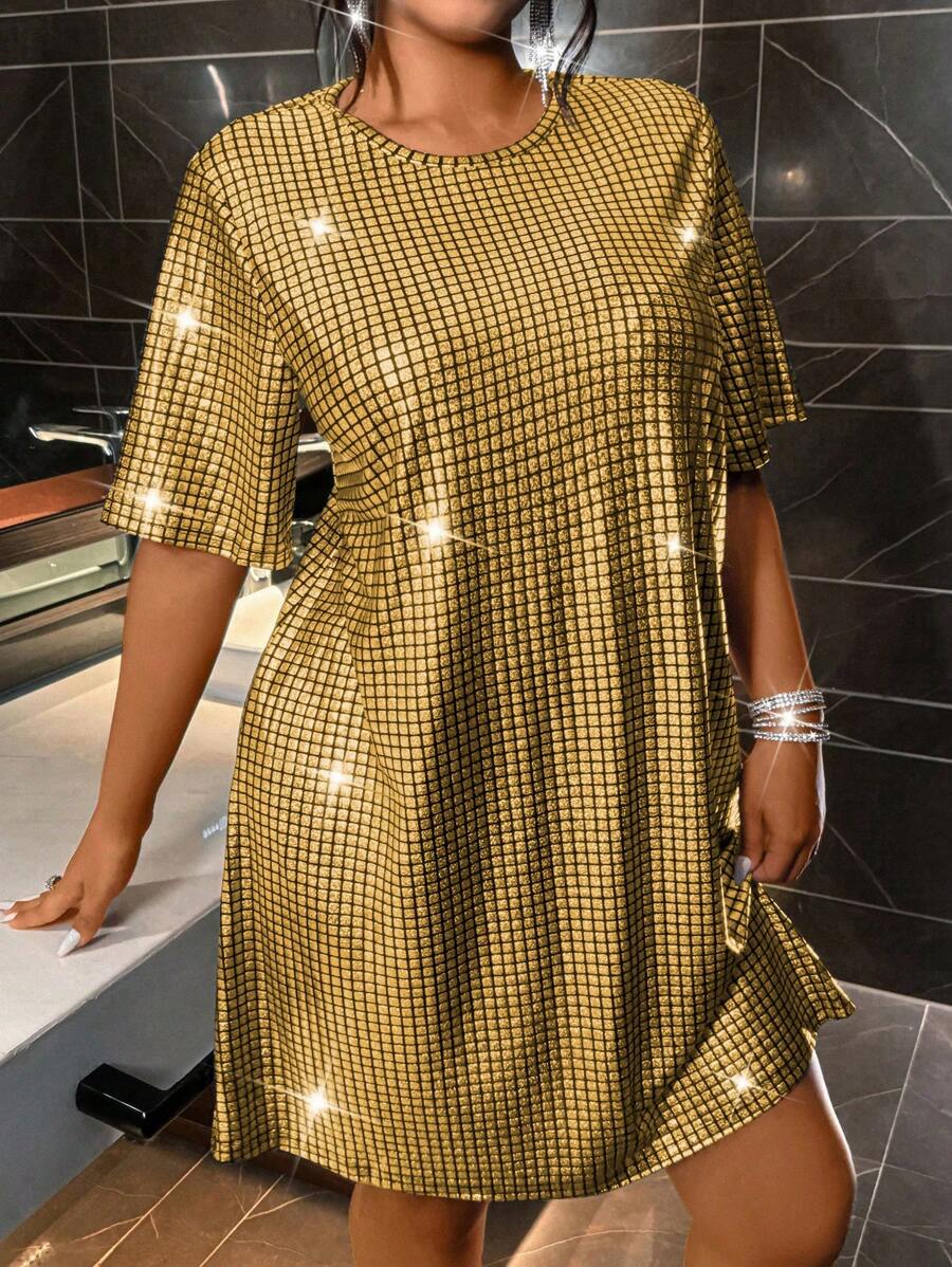 Allurite Vestido corto de mujer de talla grande en estilo casual suelto con acabado metálico personalizado, en estilo rock, cómodo y elegante para el día a día, perfecto para primavera/verano/otoño y fiestas de Año Nuevo.