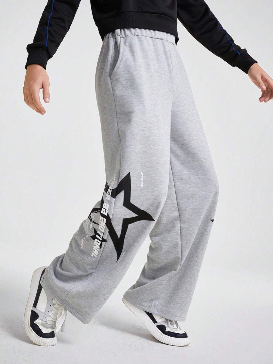 SHEIN Teen Boys' Fashionable Streetwear Style Flame & Star Print Casual Sweatpants, Suitable For Autumn/Winter Daily Wear
