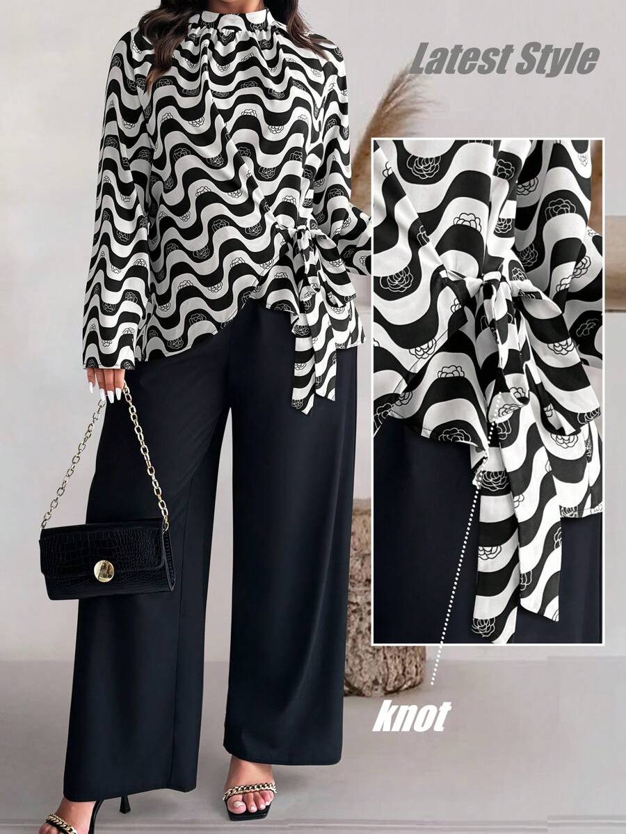 Celure Plus Size Women 2pcs Set: Striped Wave Pattern Stand Collar Long Sleeve Top And Wide Leg Pants, Loose Fit, Autumn