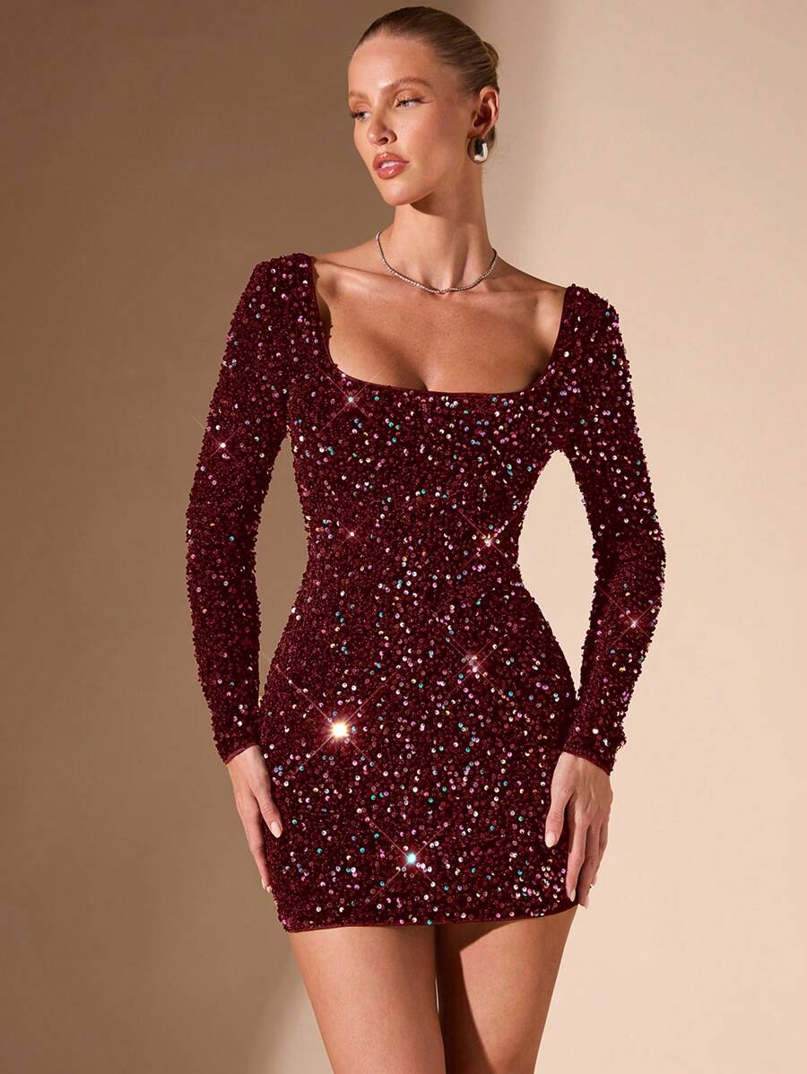 SHEIN BAE Black Solid Color Party Sexy Outfit/Date Night/Bachelorette Party/Musical Costume/Cocktail Short Dress/Halloween Dress/Gorgeous And Exquisite Colorful Night Glitter Sequined Square Neck Backless Cross Strap Mini Dress/Black Homecoming Dress/Club Women Outfits/ Velvet Sequined Dress