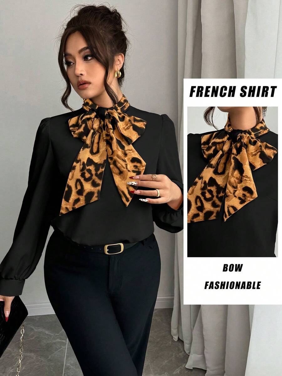Elenzga Plus Size Herfst Vrouwen Elegante Luipaard Print Splice Kraag Strik Blouse