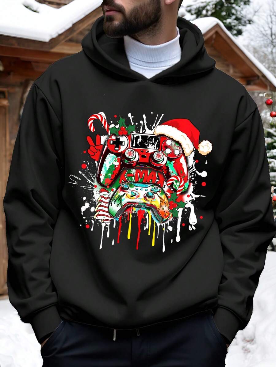 Manfinity Homme Fashion Casual Christmas Element Gamepad Graphic Hoodie For Men, Slim Fit, Black, Thermal Lined