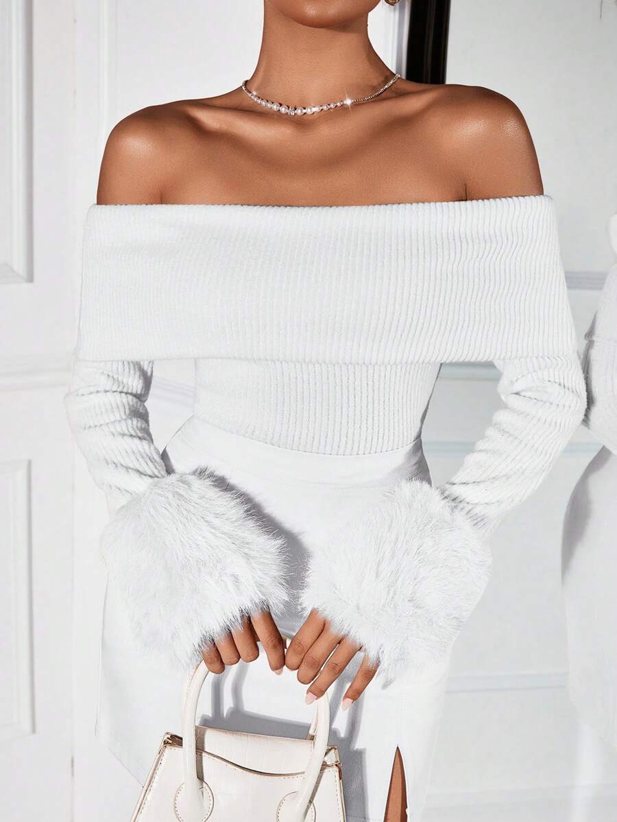 SHEIN SXY Blouse à épaules dénudées, ajustée et avec des manchettes en fourrure, de couleur unie et patchwork, pour le printemps et l'automne