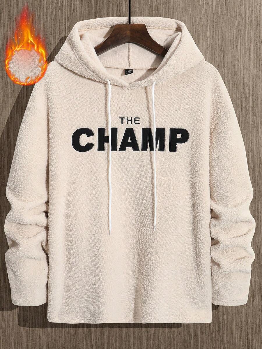 Manfinity Homme Men Plus Size Letter Patch Fleece Hooded Long Sleeve Sweatshirt