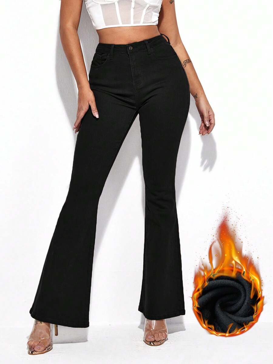 SHEIN Essnce Solid Color Skinny Fleece Casual All-Match Thanksgiving Outfit Christmas Outfit Women Flare Leg Jeans