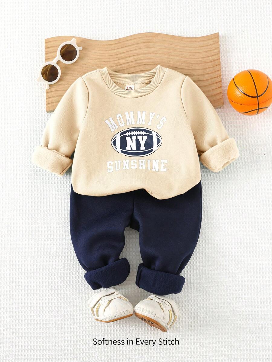 Cozy Pixies 2pcs/Set Baby Boy Letter Print Round Neck Long Sleeve Hoodie And Elastic Waist Pants Outfit