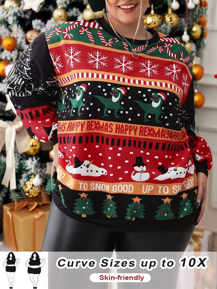 SHEIN CURVE+ Maglione natalizio con maniche lunghe in pile, taglie comode e morbide, per donna, adatto per autunno/inverno