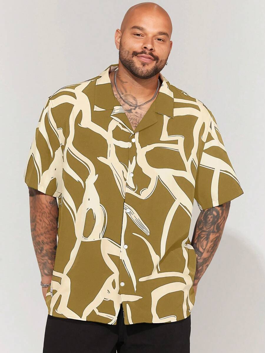 Manfinity NXTstreet Casual Slim-Fit Short Sleeve Shirt With Mandarin Collar For Plus Size Men, Suitable For Summer Everyday Wear