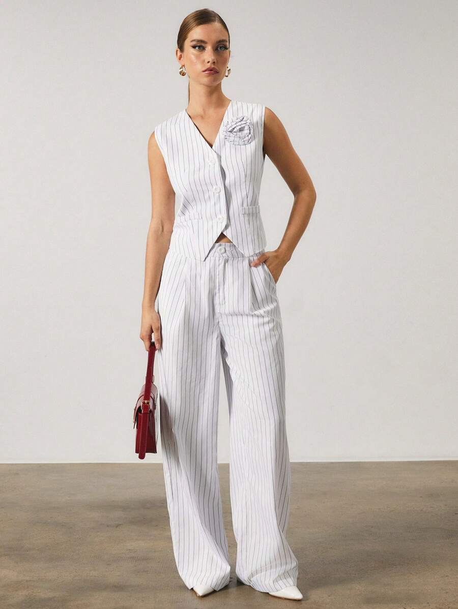 SURIMA Women 3D Floral Decor Striped V-Neck Buttoned Vest & Pants Sets, Casual/Office Wear