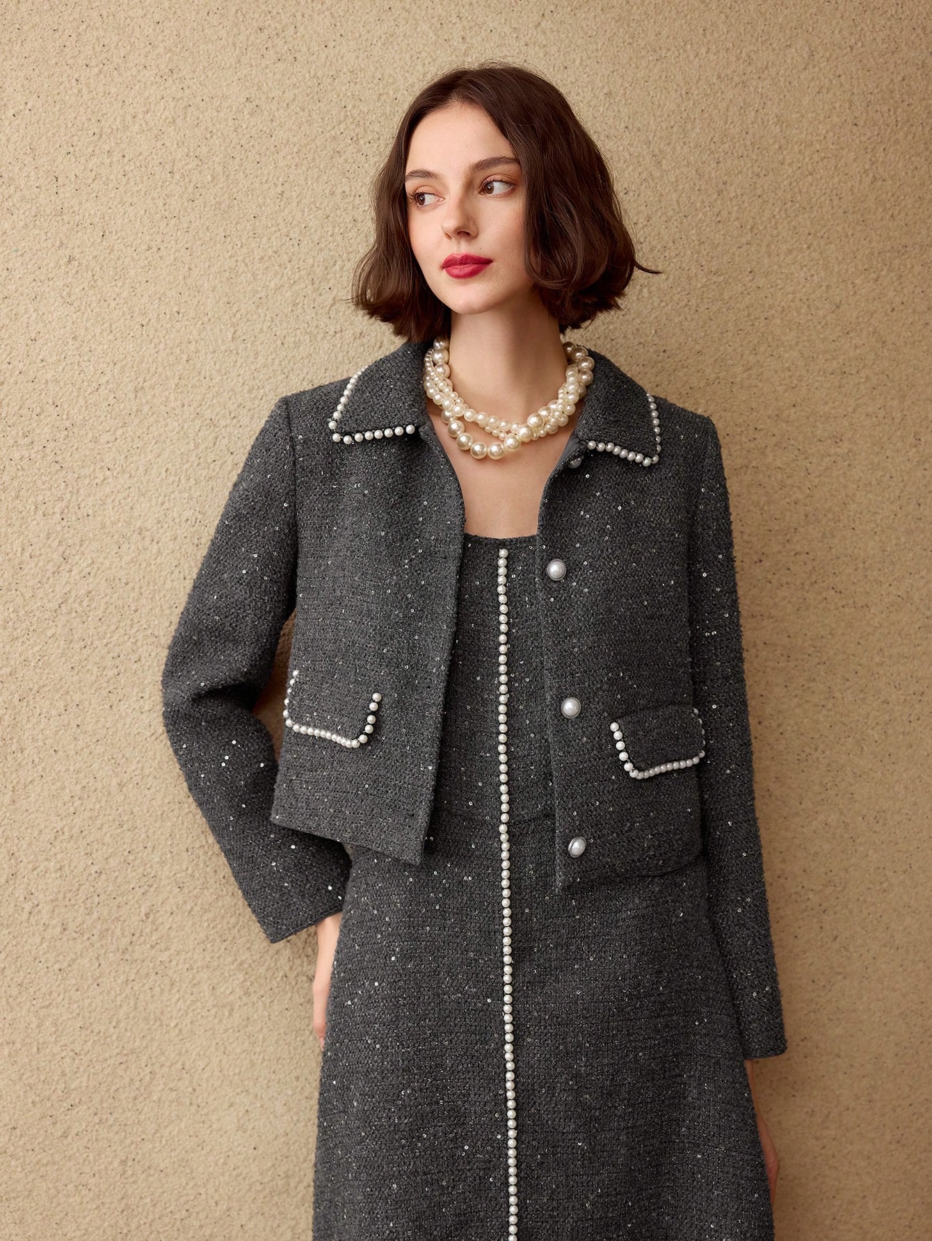 TWEED FAUX PEARL TRIM FLAP DETAIL JACKET｜Motf