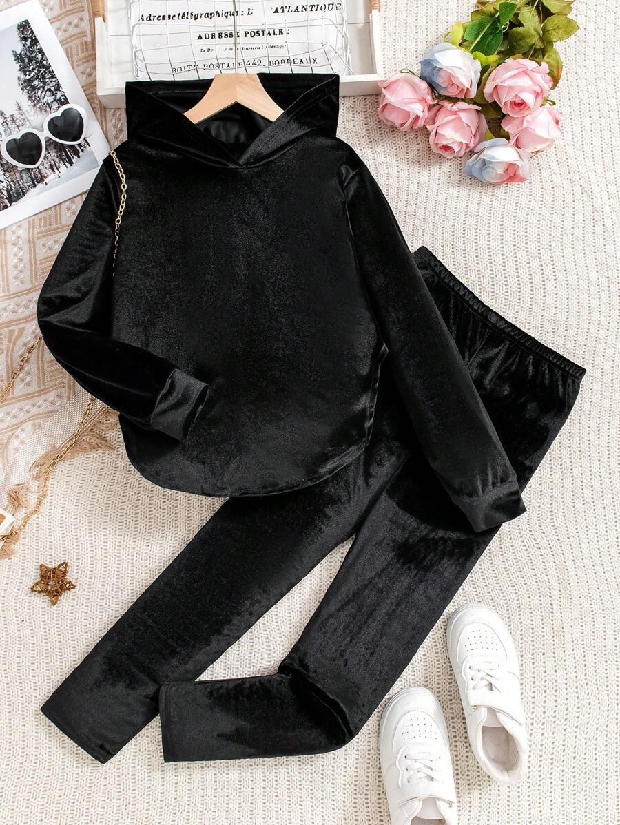 Set da 2 pezzi per ragazze pre-adolescenti, composto da felpa con cappuccio e pantaloni in colore unito, stile casual