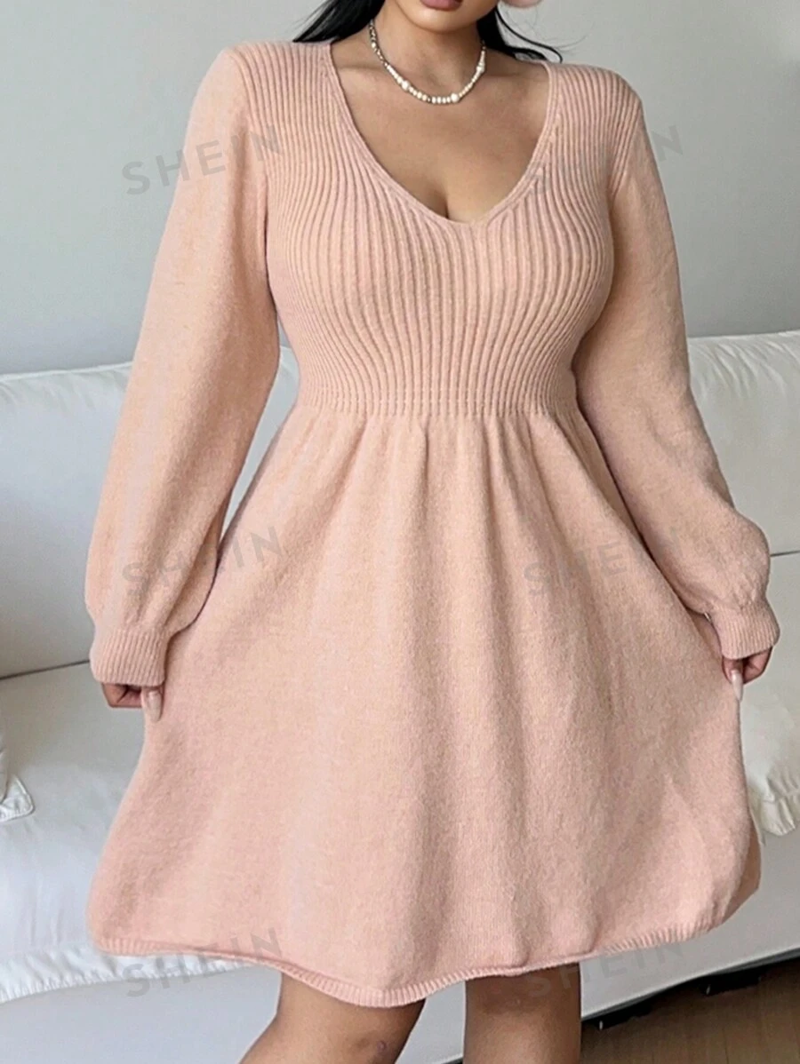 Flirla Vestido de Suéter Acampanado con Cuello en V Elegante de unicolor Talla Grande, Otoño/Invierno