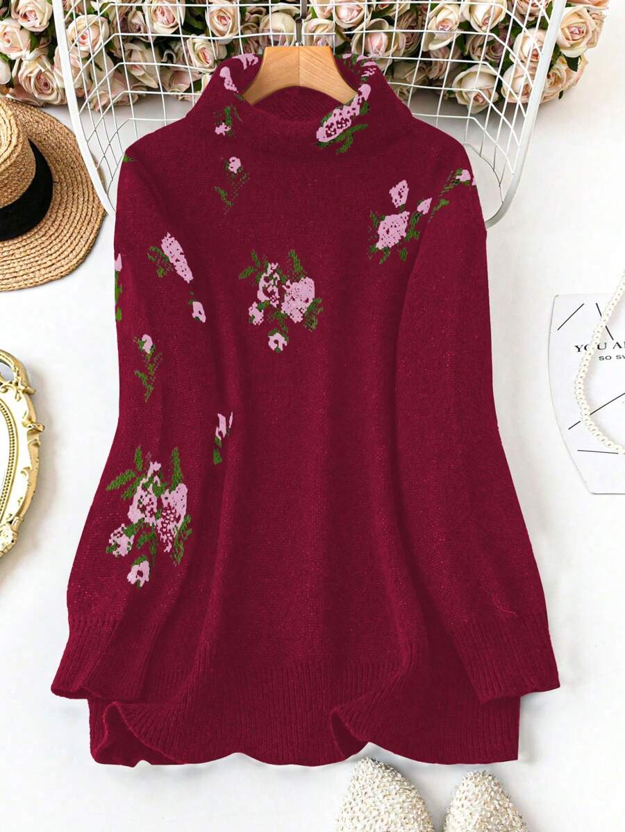 SHEIN LUNE Plus Size Crew Neck Long Sleeve Pattern Detail Minimalist Casual Sweater, Winter