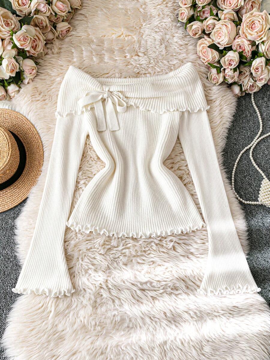Calvaya 3D Floral Off Shoulder Knit Sweater, Slim Silhouette Asymmetrical Sleeve Versatile Women's Pullover Top, Autumn/Winter