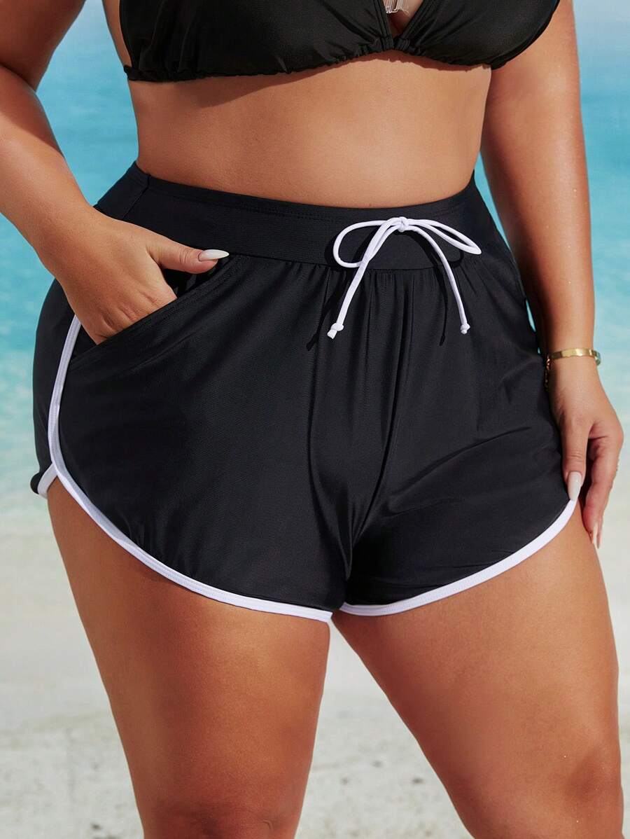 Bas de bikini minimaliste décontracté avec poche et liens contrastés en tailles plus, pour l'été