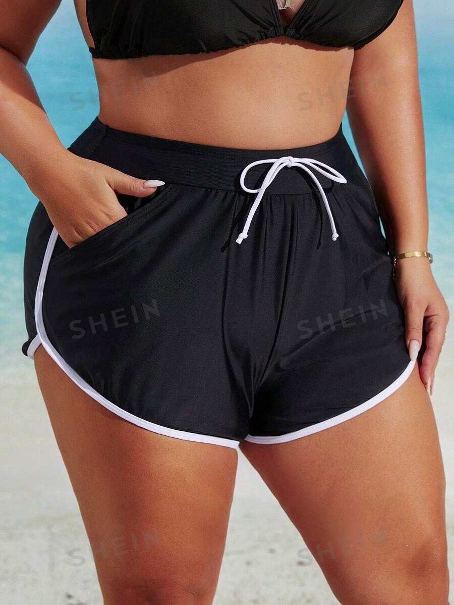 Bottom de bikini de estilo minimalista casual con bolsillo y adorno de contraste de color, talla grande, para verano