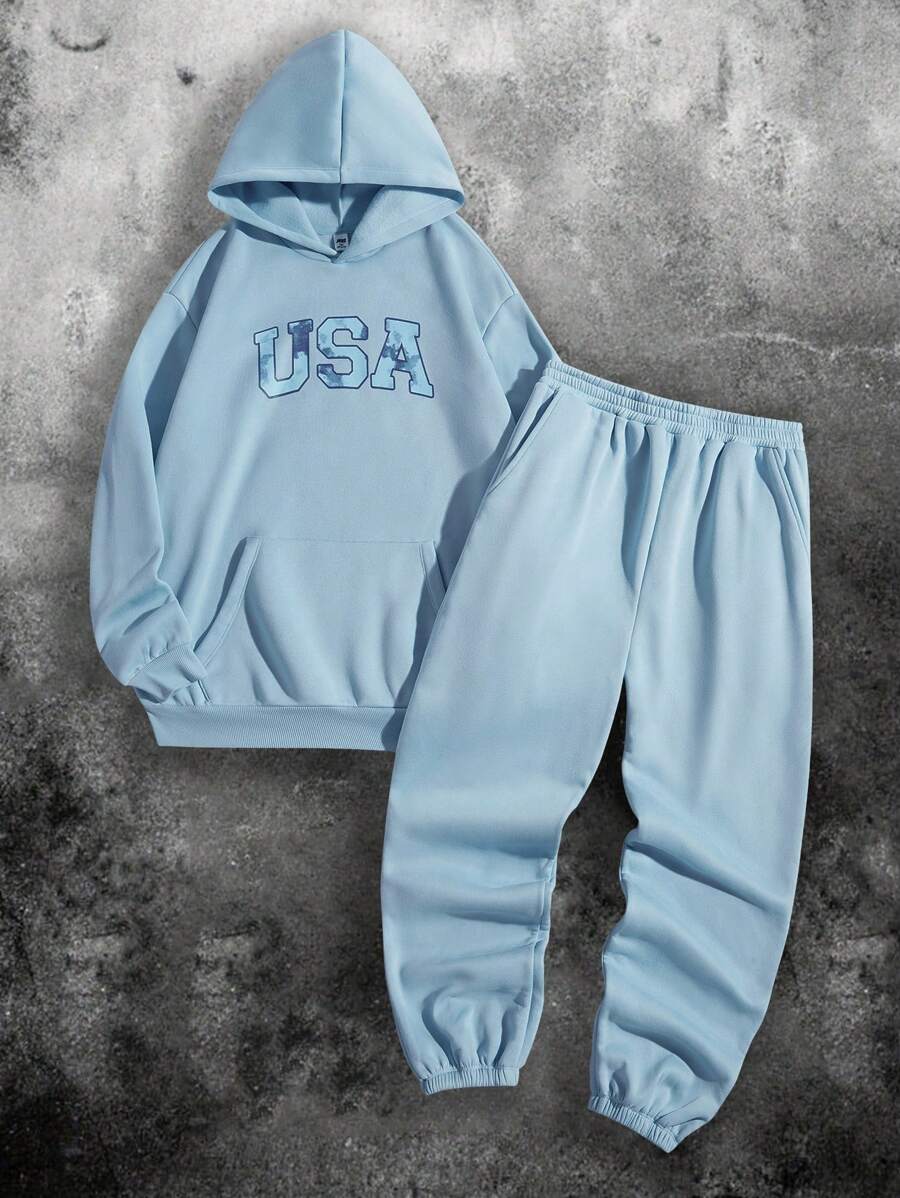 SHEIN 2pcs Loose Fit Teen Boy Letter Print Hoodie Sweatshirt And Shorts Set