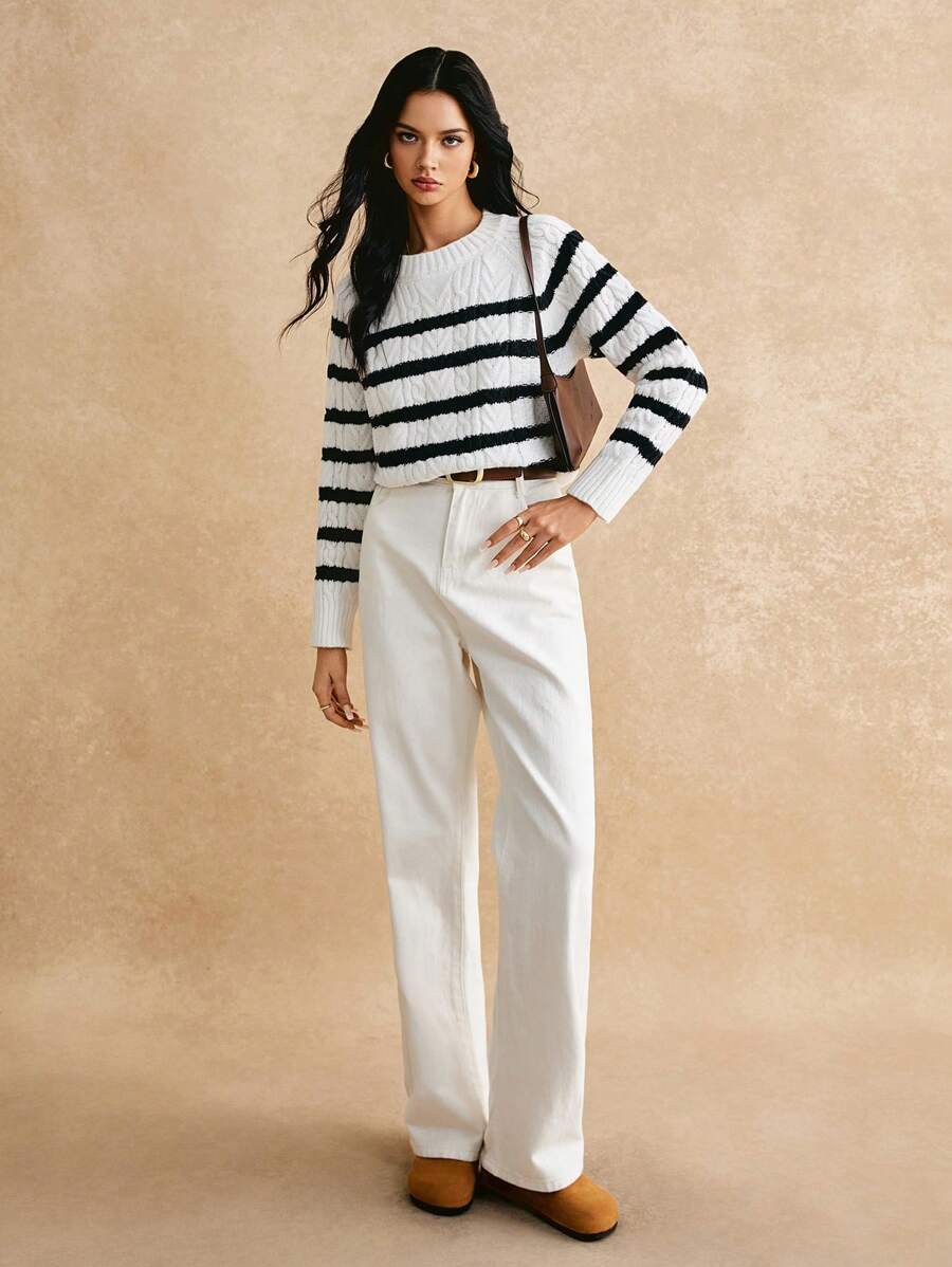 Poéselle Suéter a rayas en blanco y negro, suéter de mujer, suéter de mujer de cuello redondo de manga larga casual con jacquard a rayas para otoño/invierno, atuendos de mujer en otoño, ropa de mujer en invierno, piezas esenciales de otoño y invierno, cálido y cómodo, fácil de usar y combinar