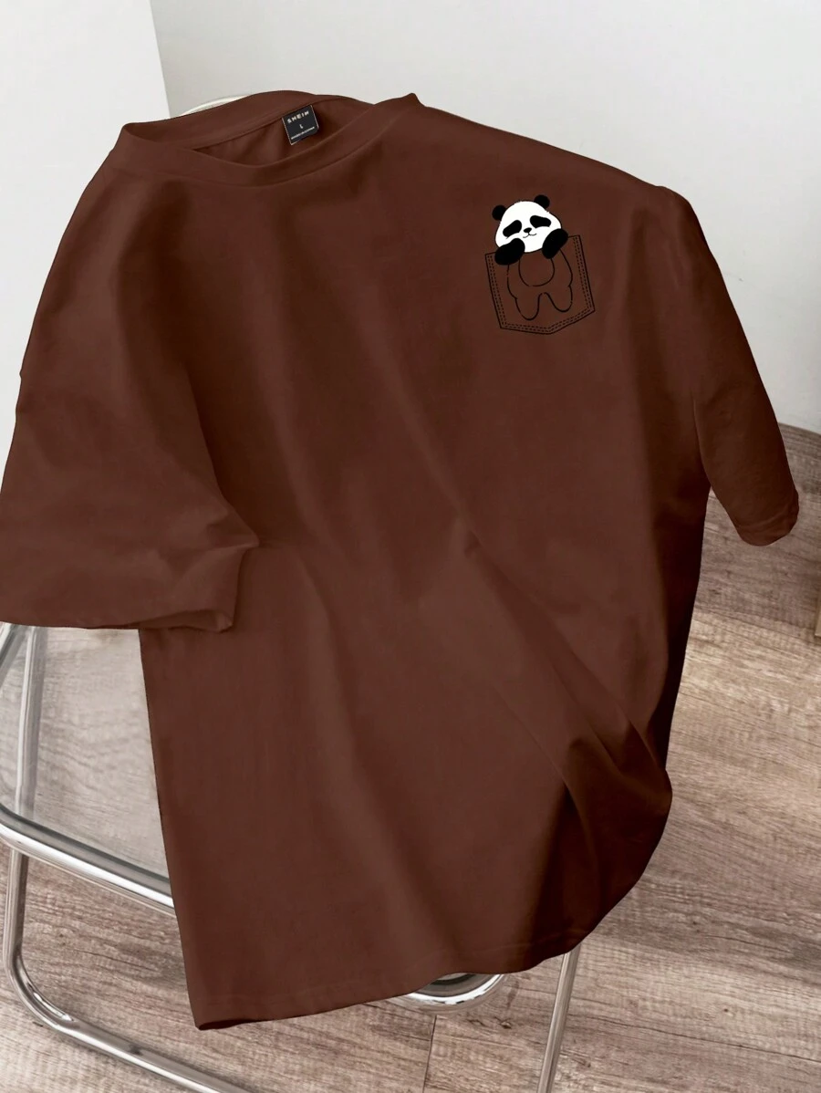 Manfinity Joysei Maglietta estiva casual e slim da uomo con stampa di panda cartone animato colore marrone cioccolato
