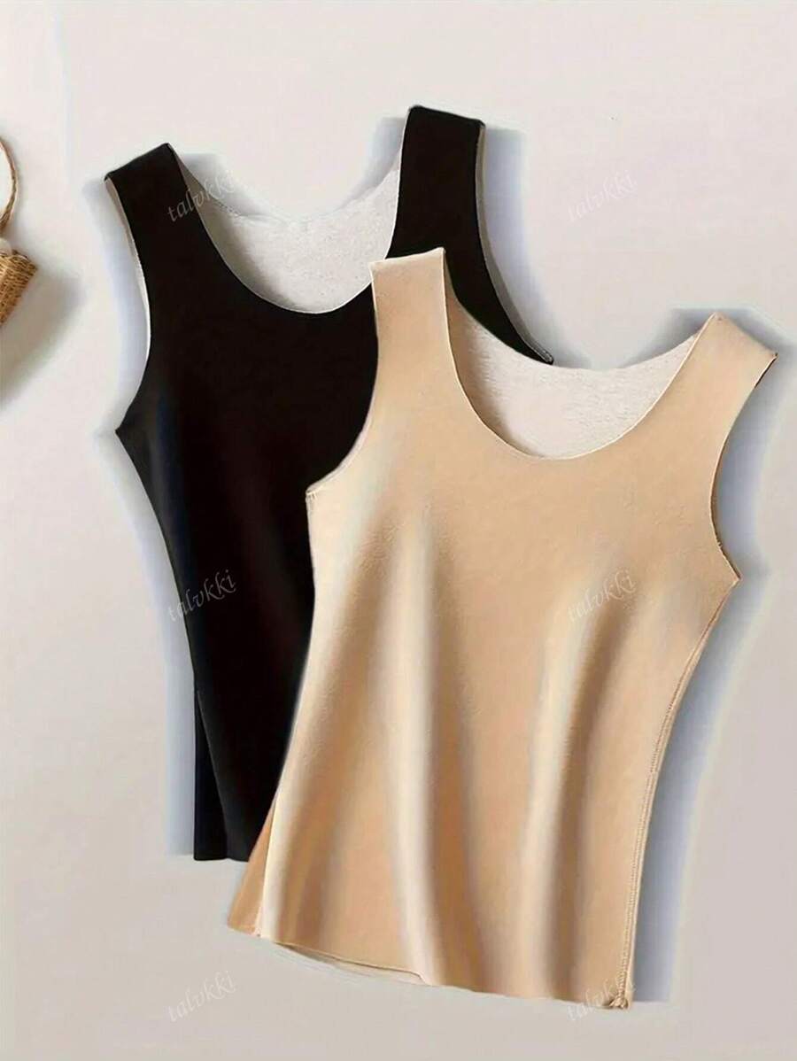 Simple Solid Color Slim Fit Ribbed Tank Top Set, Casual Daily Wear