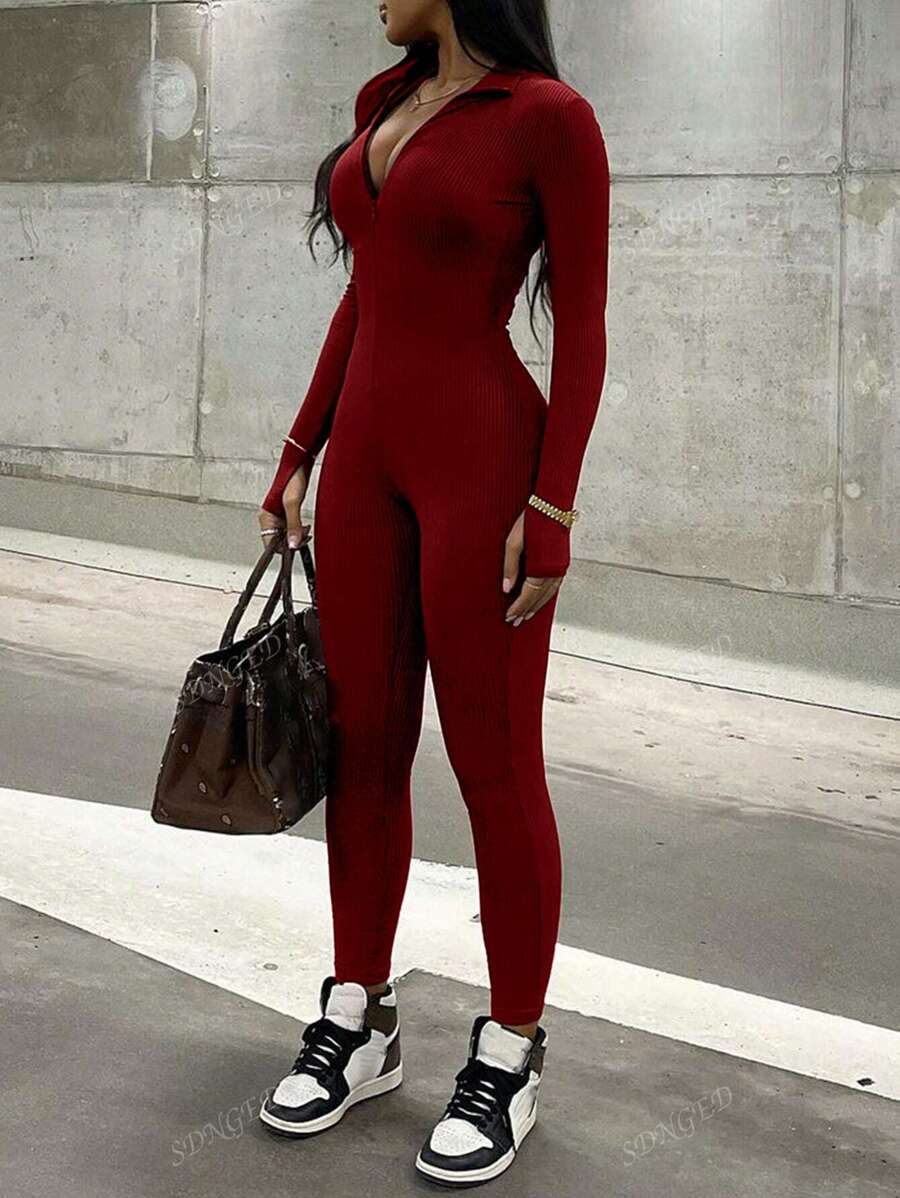 1pc Casual Solid Color Zipper Skinny Jumpsuit Pants, Autumn