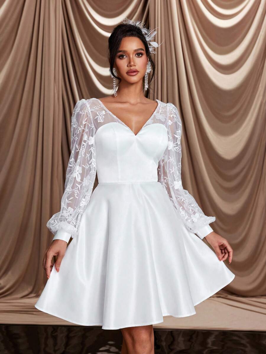 SHEIN Belle Elegant And Romantic White Mesh Embroidered V-Neck See-Through Puff Long-Sleeved A-Line Hem V-Shaped Backless Strap Suitable For Wedding Events, Dates, Bridal Shower Dress