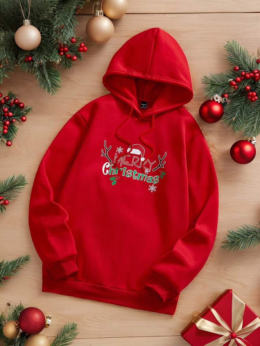 Manfinity Homme Sudadera con capucha casual con estampado de letras navideñas para hombre, manga larga, sudadera, vacaciones, gráfico colorido, sudadera rojo oscuro, regalo para amigos, esposo, novio