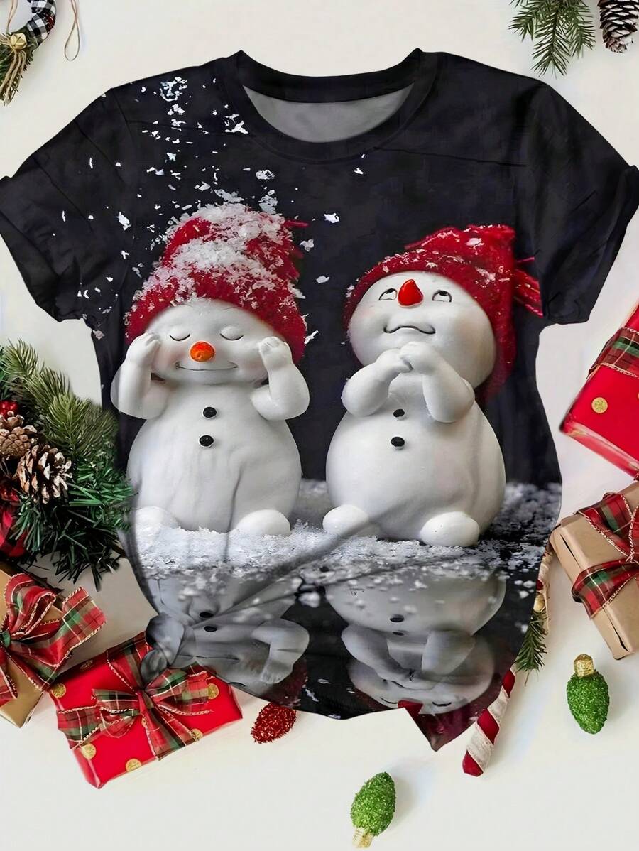 SHEIN LUNE Plus Size Women's Cute Christmas Snowmen Print Round Neck T-Shirt