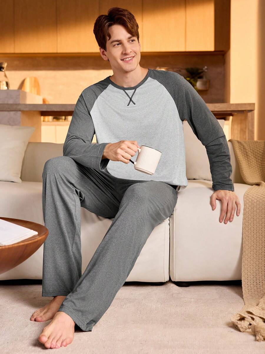 Manfinity Underwear&Sleepwear Basics Conjunto de pijama de manga larga con bloque de color en contraste y pantalones para hombre
