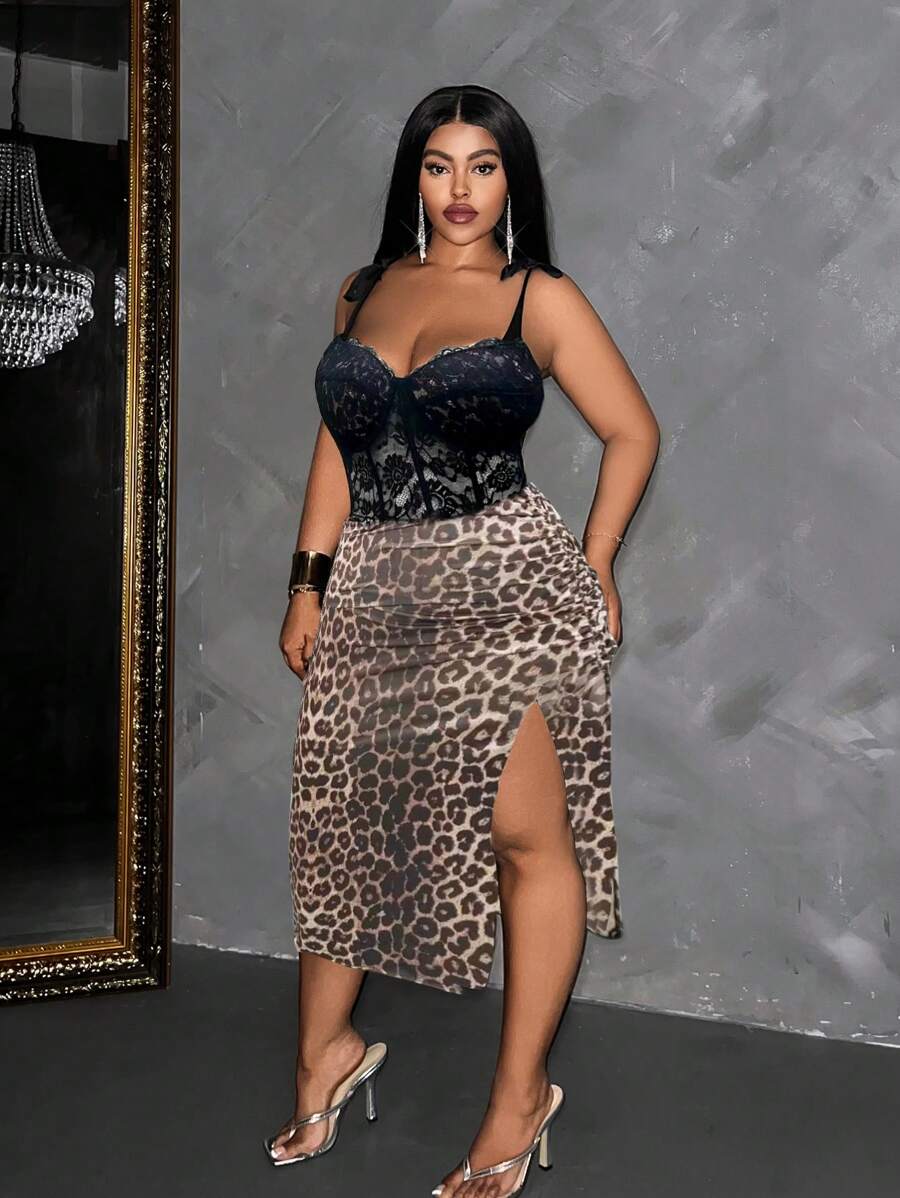 Maweii Plus Size Summer Sexy Lace Panel Leopard Print Split Slip Dress