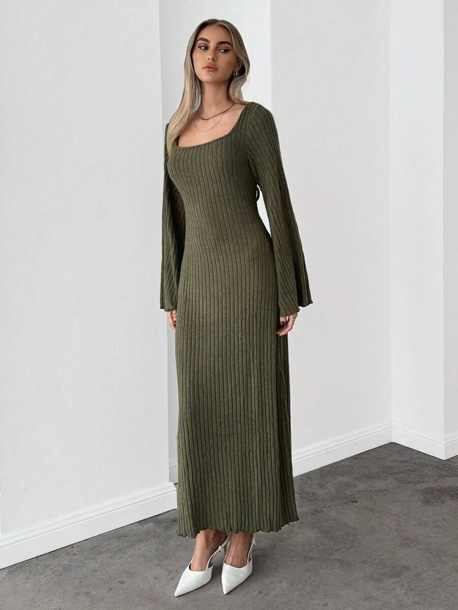 SHEIN Essnce Square Neck Trumpet Sleeve Lettuce Trim Bodycon Dress