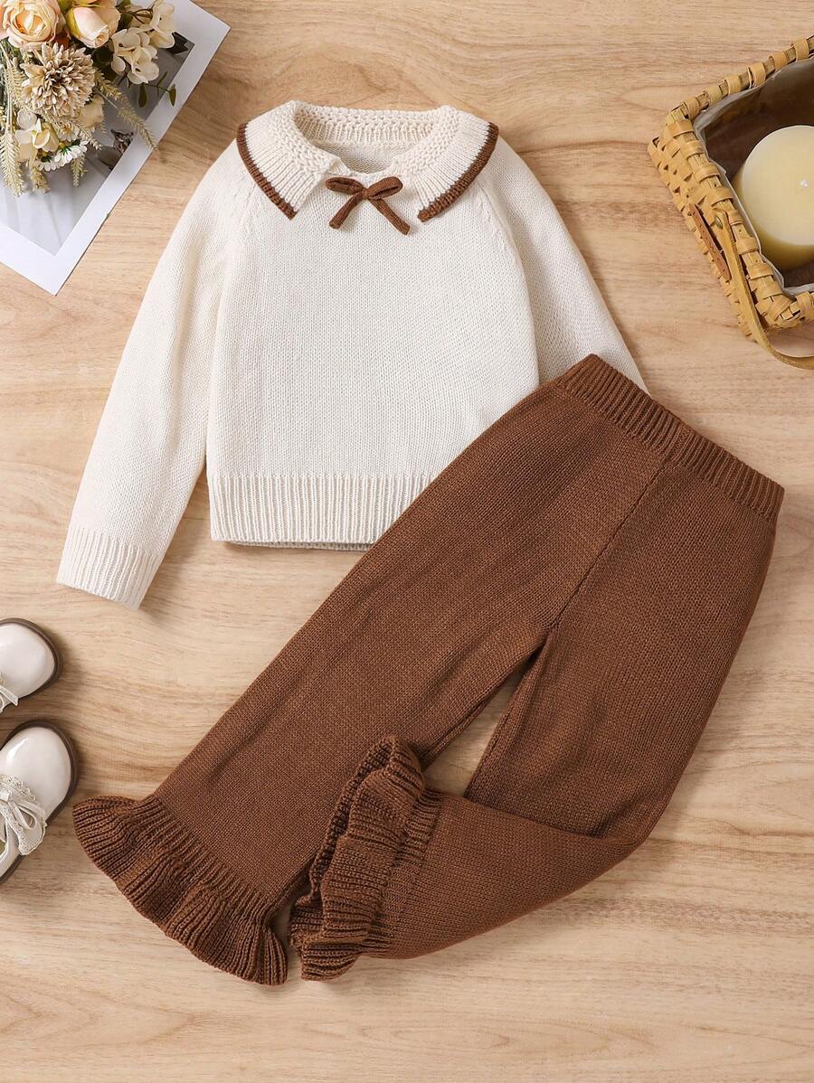 2pcs Young Girl Peter Pan Collar Cute Sweater Set, Acrylic Flare Pants Knitted Pullovers, Fit For Outdoor Casual Wear In Autumn/Winter