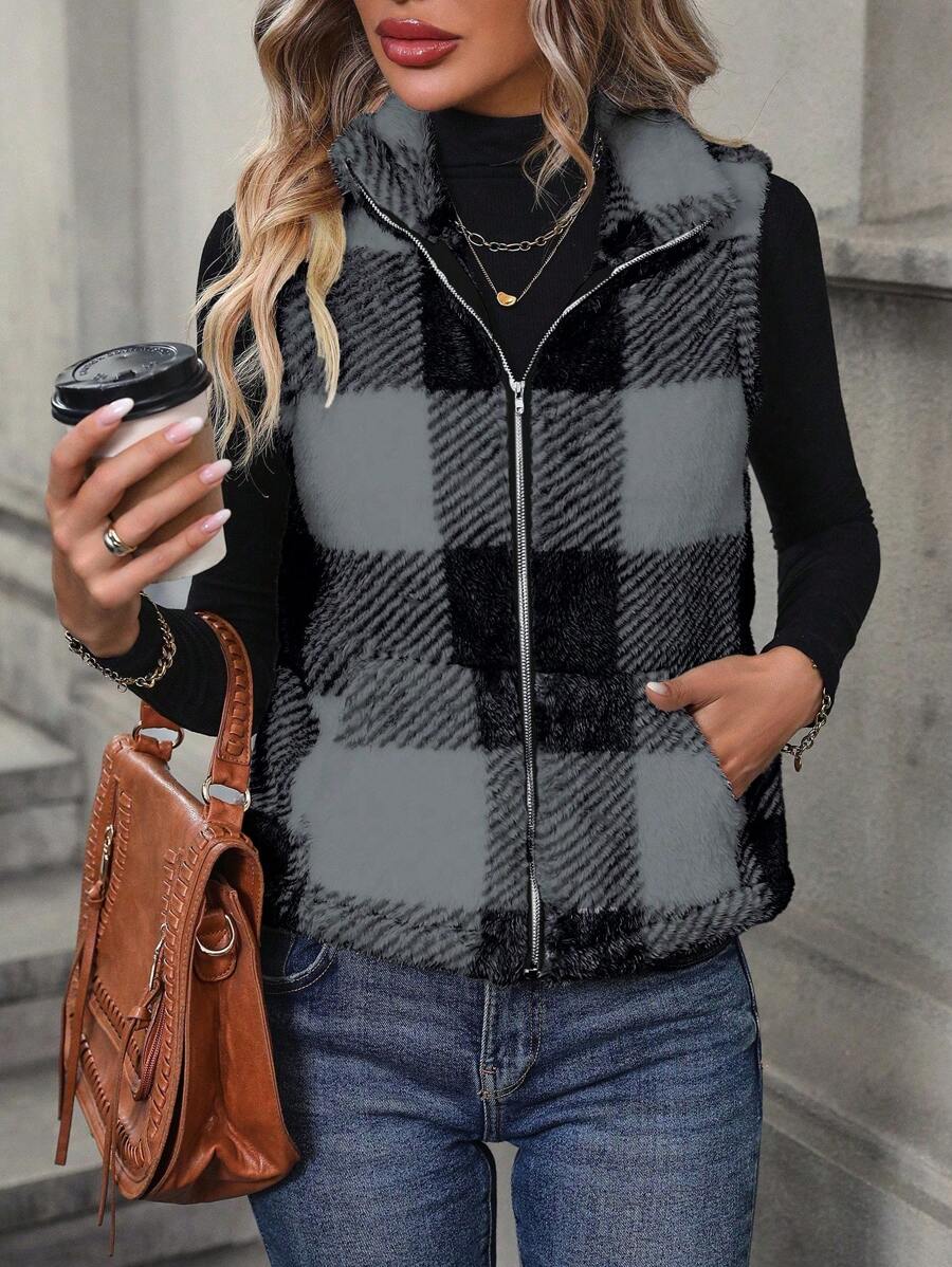 SHEIN LUNE Chaleco/chaqueta casual de color block a cuadros y esponjoso, para otoño/invierno