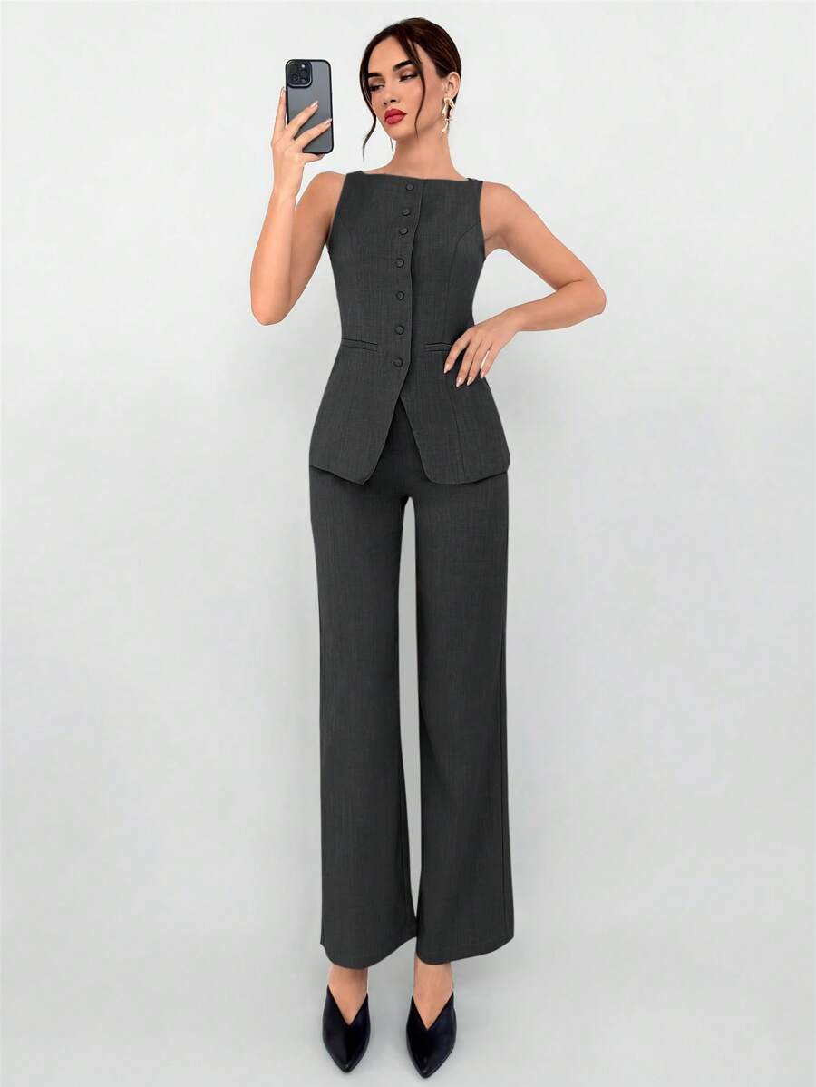 Aloruh 2Pcs Women Khaki Notch Lapel Faux Pocket Decor Blazer Suit Vest And Pants Office Outfit, Autumn/Winter