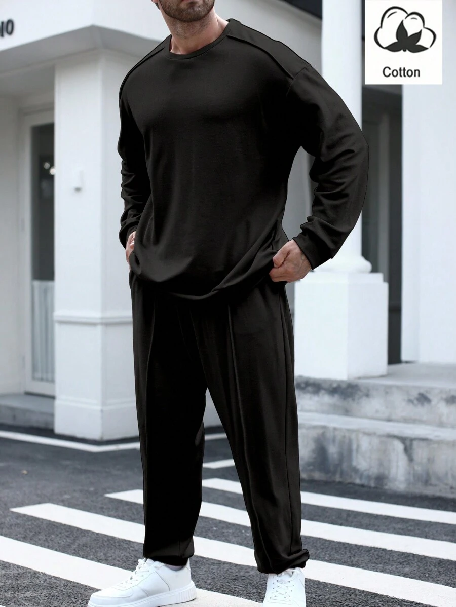 Manfinity Hypemode 2pcs/Set Men's Casual Everyday Wear Round Neck Sweatshirt And Drawstring Waist Sweatpants Suit, Autumn