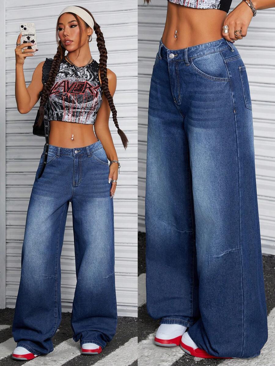 SHEIN ICON 1pc Women's Wide Leg Loose Casual Denim Jeans With Pockets