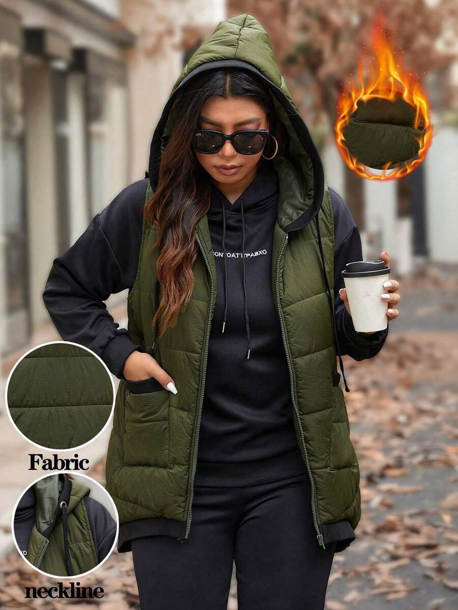 SHEIN LUNE Plus Size Army Green Patchwork Pocket Zipper Drawstring Hooded Padded Vest, Winter