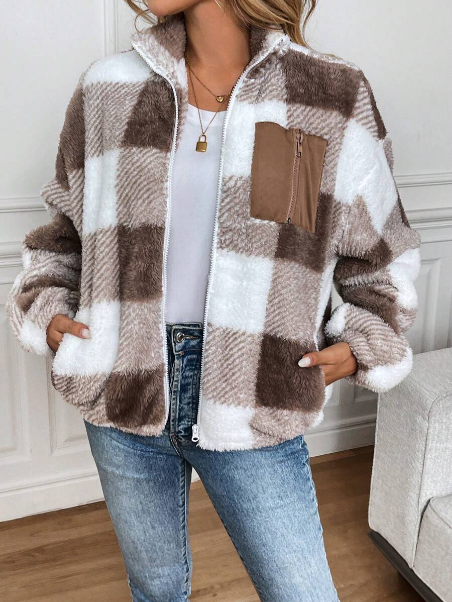 SHEIN LUNE Stand Collar Zipper Front Pocket Plaid Double-Faced Wool Jacket, Casual And Elegant Outerwear Suitable For Outdoor And Home, Warm For Women In Autumn And Winter
