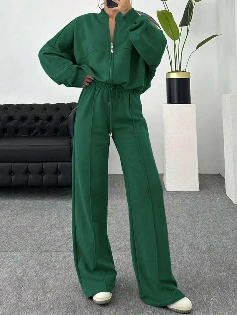 INAWLY 2 pièces Ensemble veste à manches chauve-souris zippée et pantalon à taille élastique, couleur unie, décontracté, printemps/automne