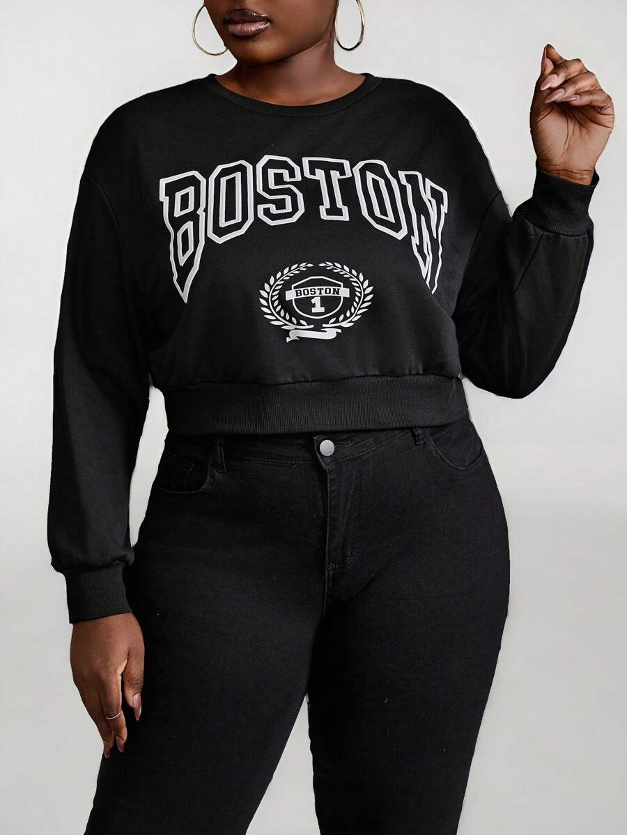Maweii Sudadera de cuello crew informal para mujer talla grande con estampado de letras y hombros caídos de manga larga para otoño