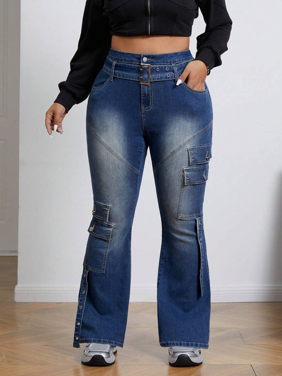 SHEIN EZwear Plus Size Fashionable Casual Washed Flap Pocket Flare Jeans