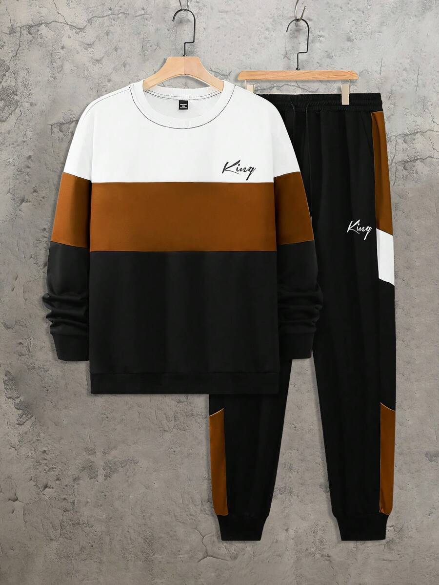 Manfinity Homme Plus Size Men 2pcs Letter Print Color Block Crew Neck Sweatshirt & Sweatpants Casual Loose Suit, Autumn