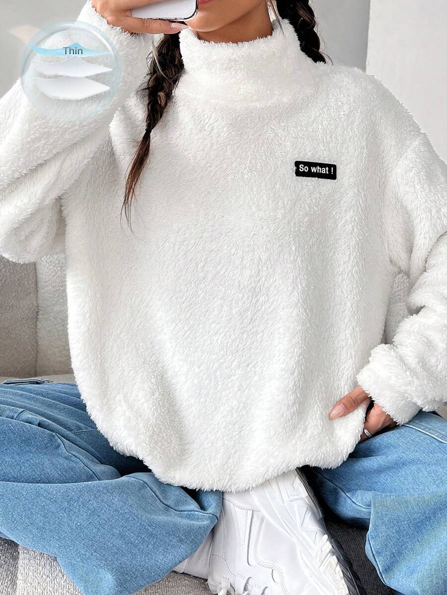 SHEIN EZwear Lente-outfits Letterpatch Hoge hals Drop Shoulder Teddy Sweatshirt