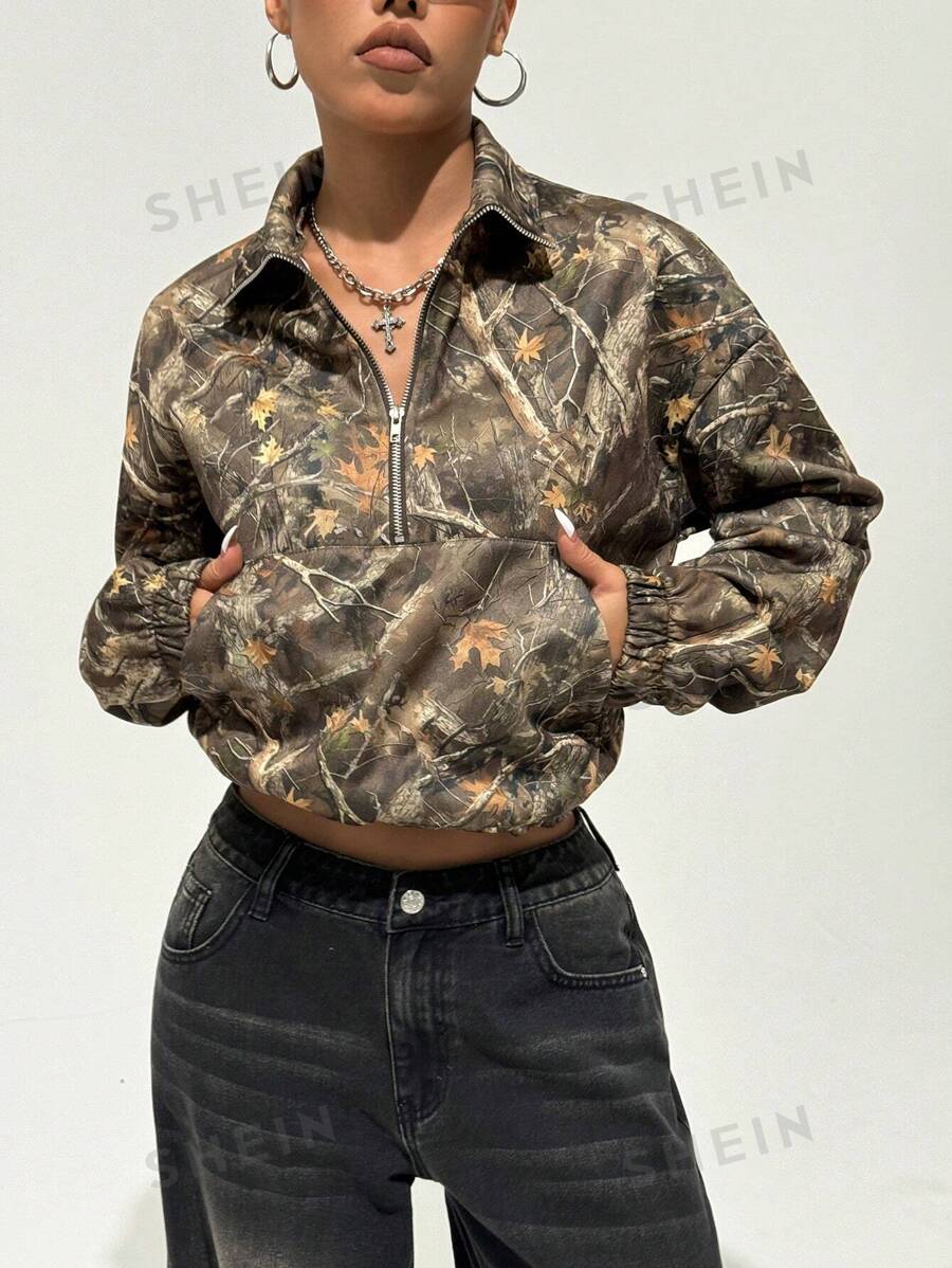 StreetHx Sudadera con media cremallera, cuello caído y manga larga con estampado de hojas vintage, estilo callejero adecuado para otoño/invierno, parte superior de manga larga