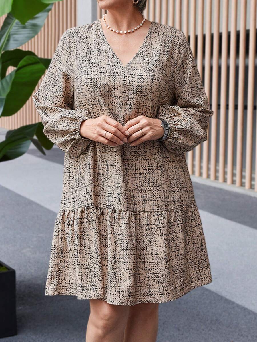 EMERY ROSE Vêtements d'hiver grande taille pour femmes Robes d'hiver Robe décontractée pour femmes col V, manches lanternes, volants à l'ourlet, imprimé tout-sur-tout