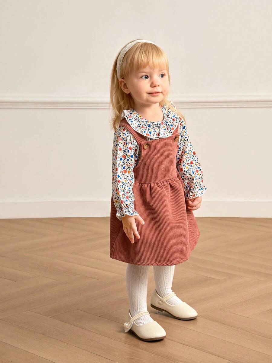 Souflis Souflis 2pcs/Set Baby Girl Vintage Ditsy Floral Frill Collar Long Sleeve Shirt And Corduroy Sleeveless Dress Suit, Retro & Sweet Style, Autumn/Winter