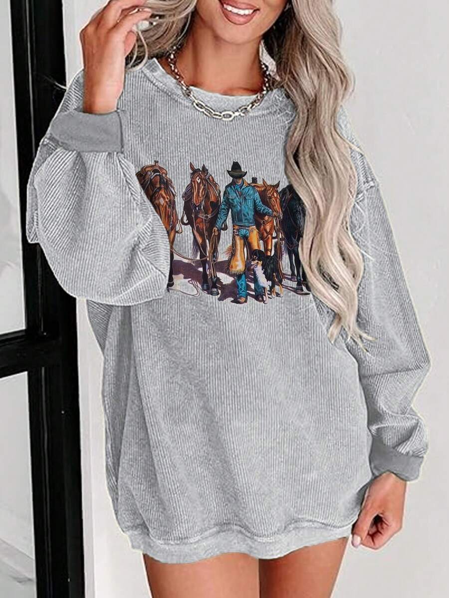 INAWLY Women's Fashion Casual Cartoon Pattern Crew Neck Dolman Sleeve Sweatshirt